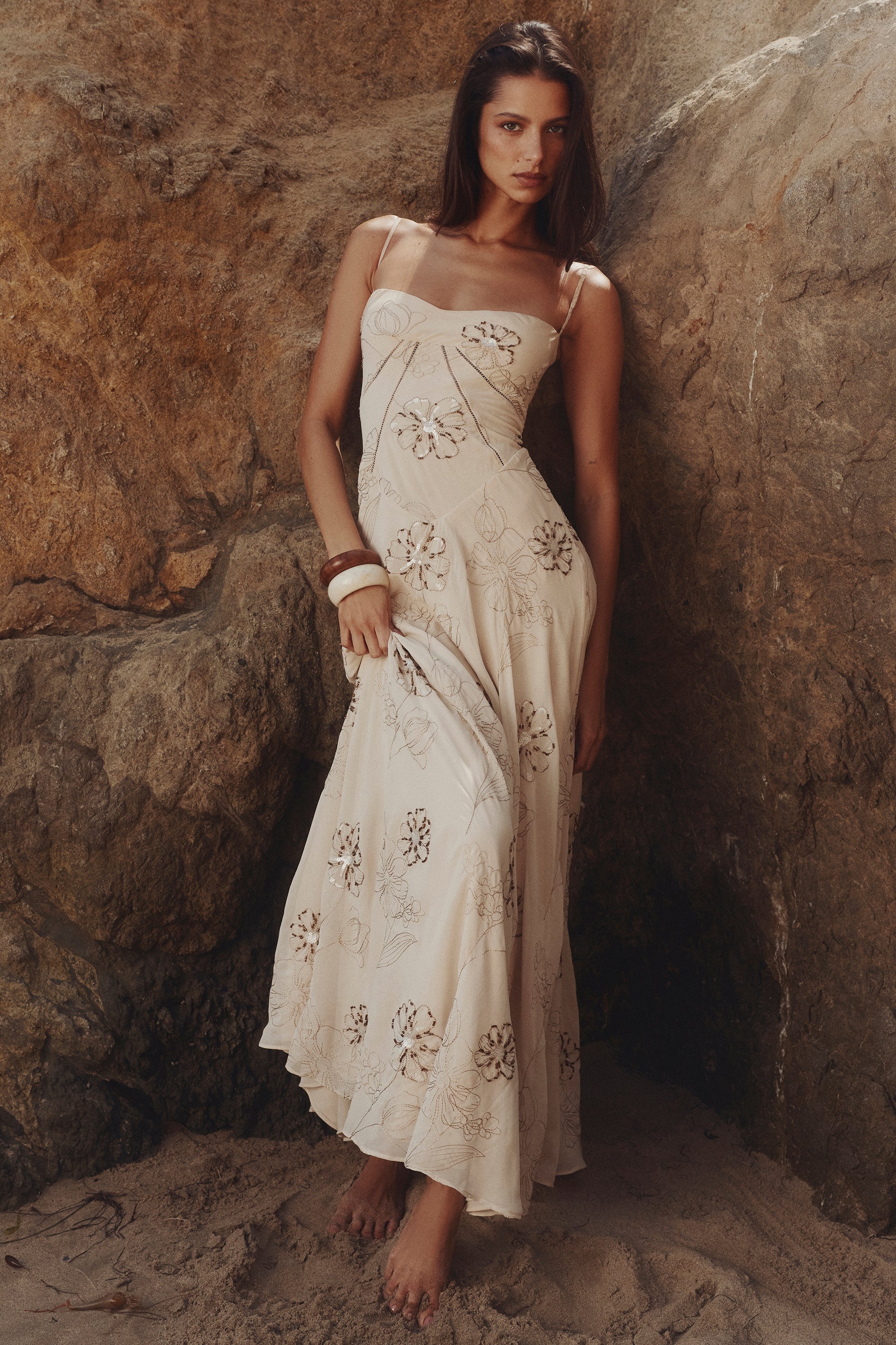 vanilla embroidered hand beaded floral maxi dress