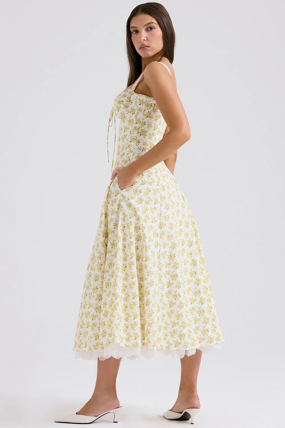 white vintage floral print cotton bustier sundress
