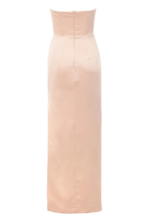 champagne satin strapless gown