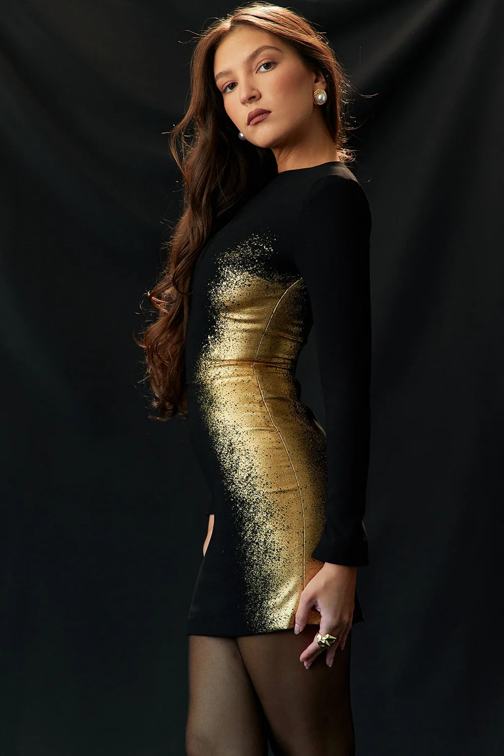 black gold foil print mini dress