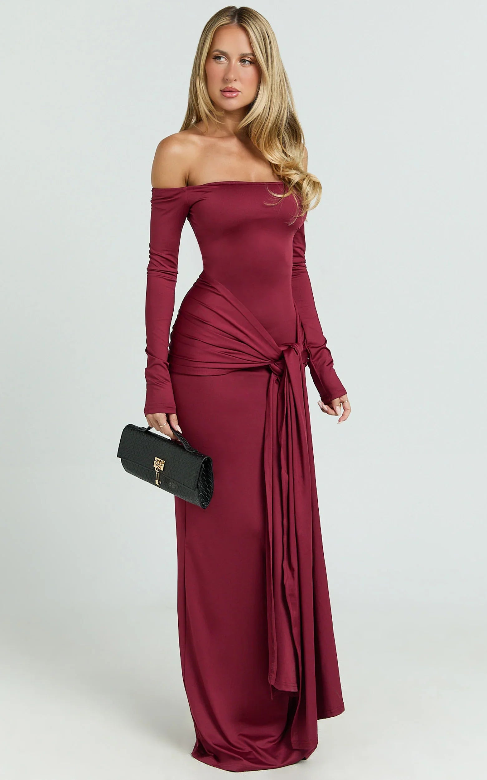 Judith Maxi Dress Boat Neck Backless Tie Front Long Sleeve Jersey Dress in Wine
