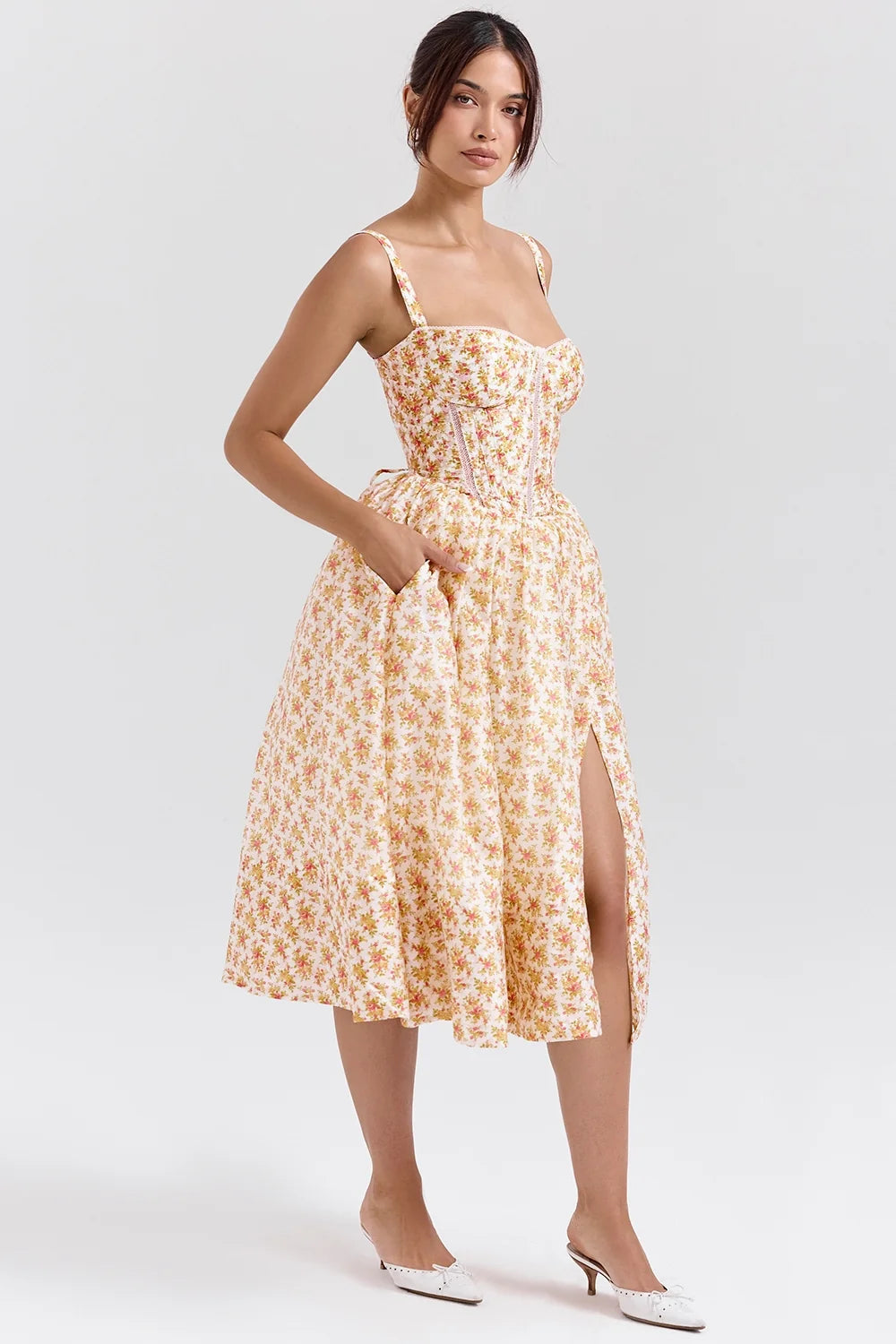 royal rose print corset midi sundress