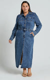 Alison Midi Dress Long Sleeve Front Split Denim Dress in Mid Blue Wash
