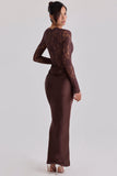 espresso brown lace satin draped maxi dress