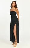 Marguerite Maxi Dress Strapless Ruched Mesh High Leg Split Dress in Black