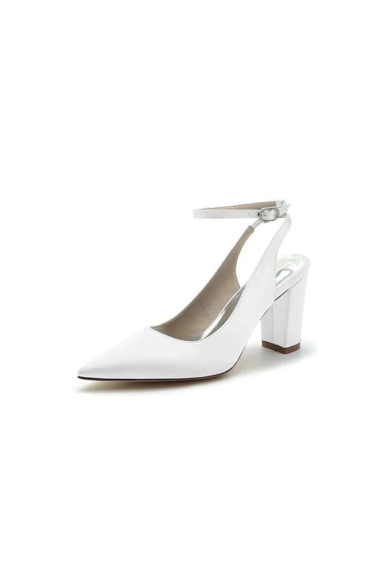 Satin Pointed Toe Ankle Strap Chunky Heels