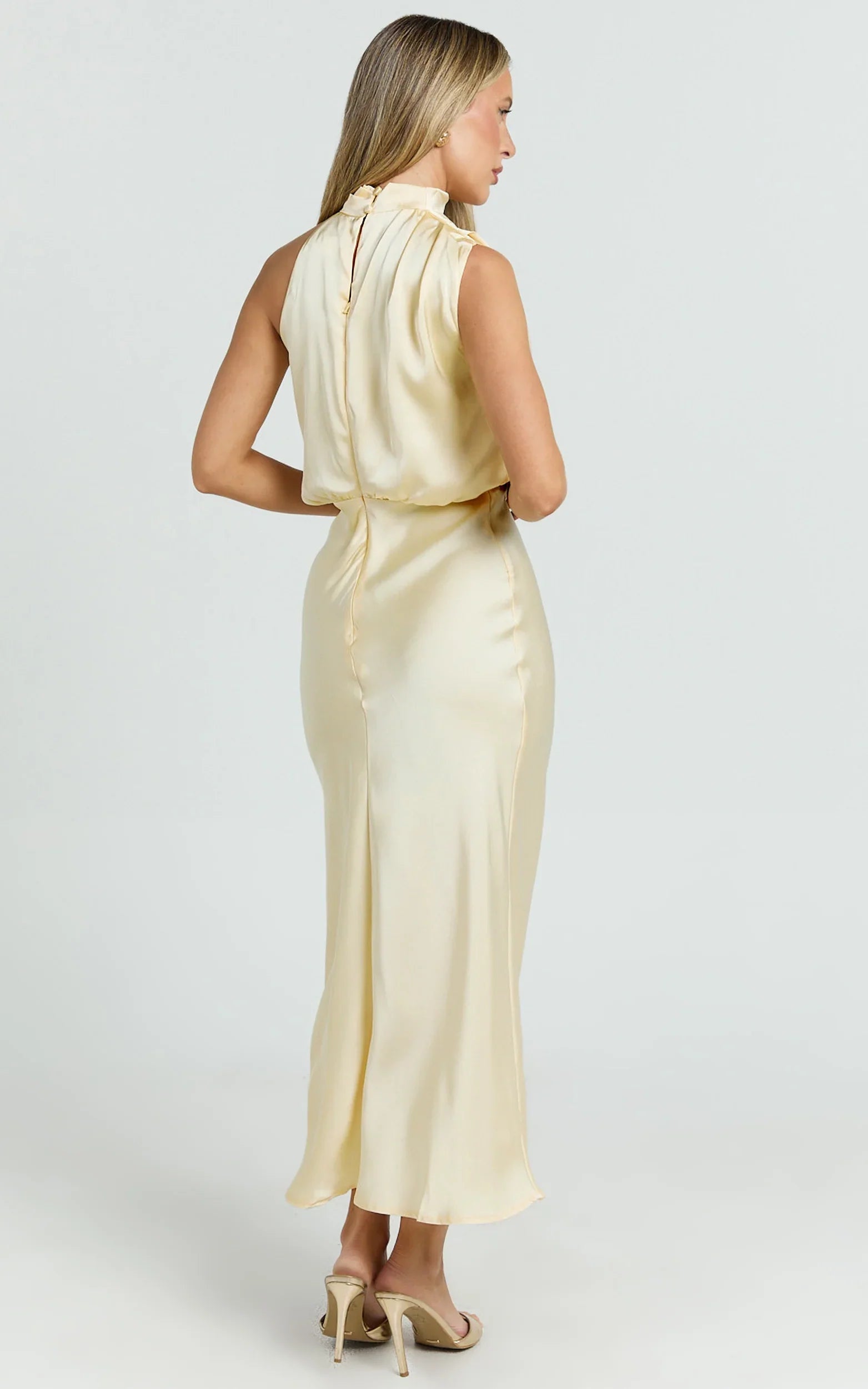 Minnie Midi Dress Drape Neck Satin Slip Dress in Butter Yellow