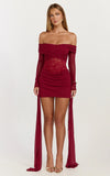 Vesper Mini Dress Contrast Lace Bodice Long Sleeve Dress in Wine