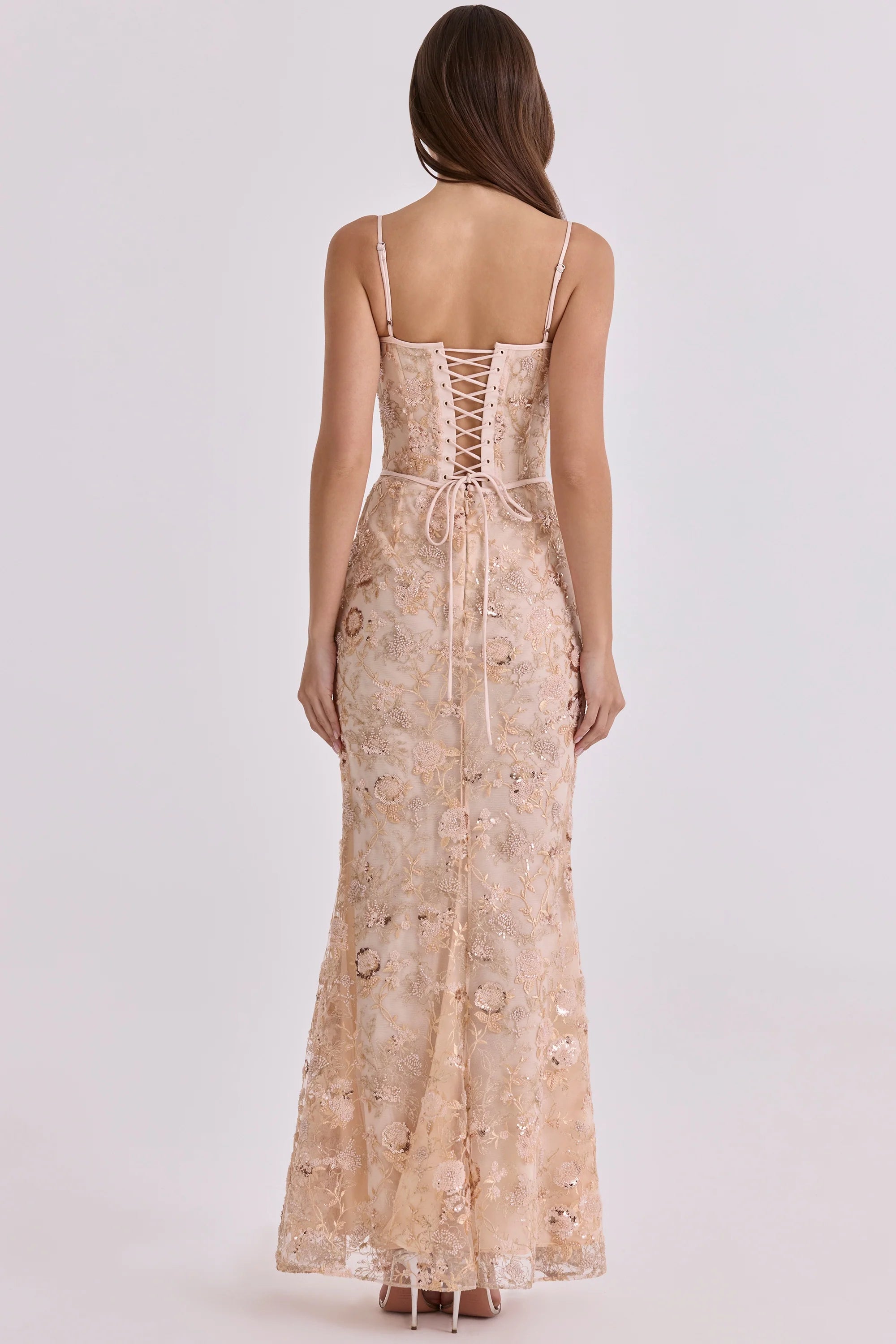peach hand beaded embellished corset maxi dress limited edition