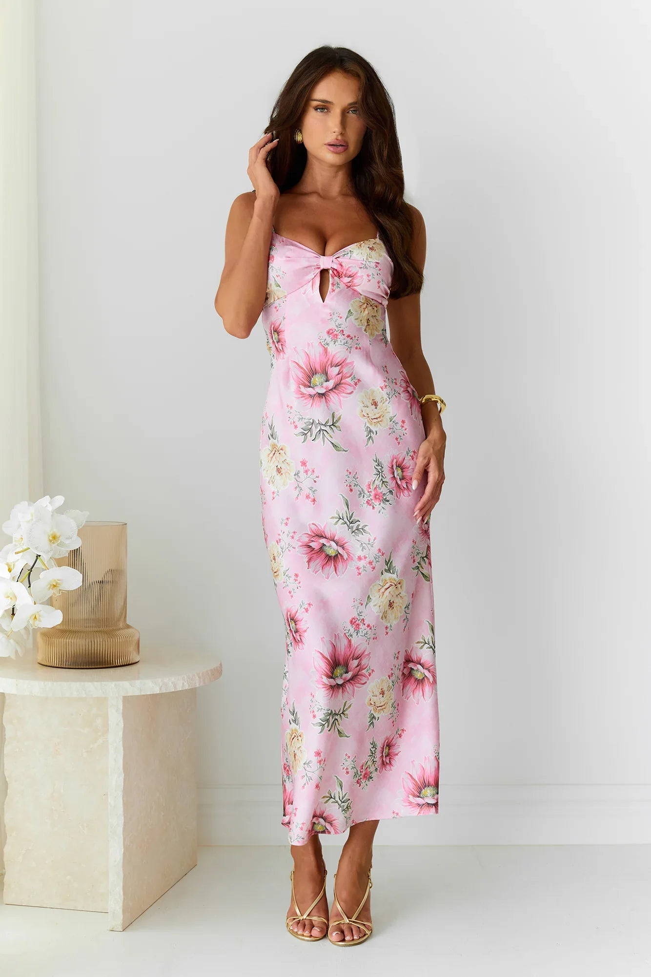 Sun Drenched Shores Satin Midi Dress Pink