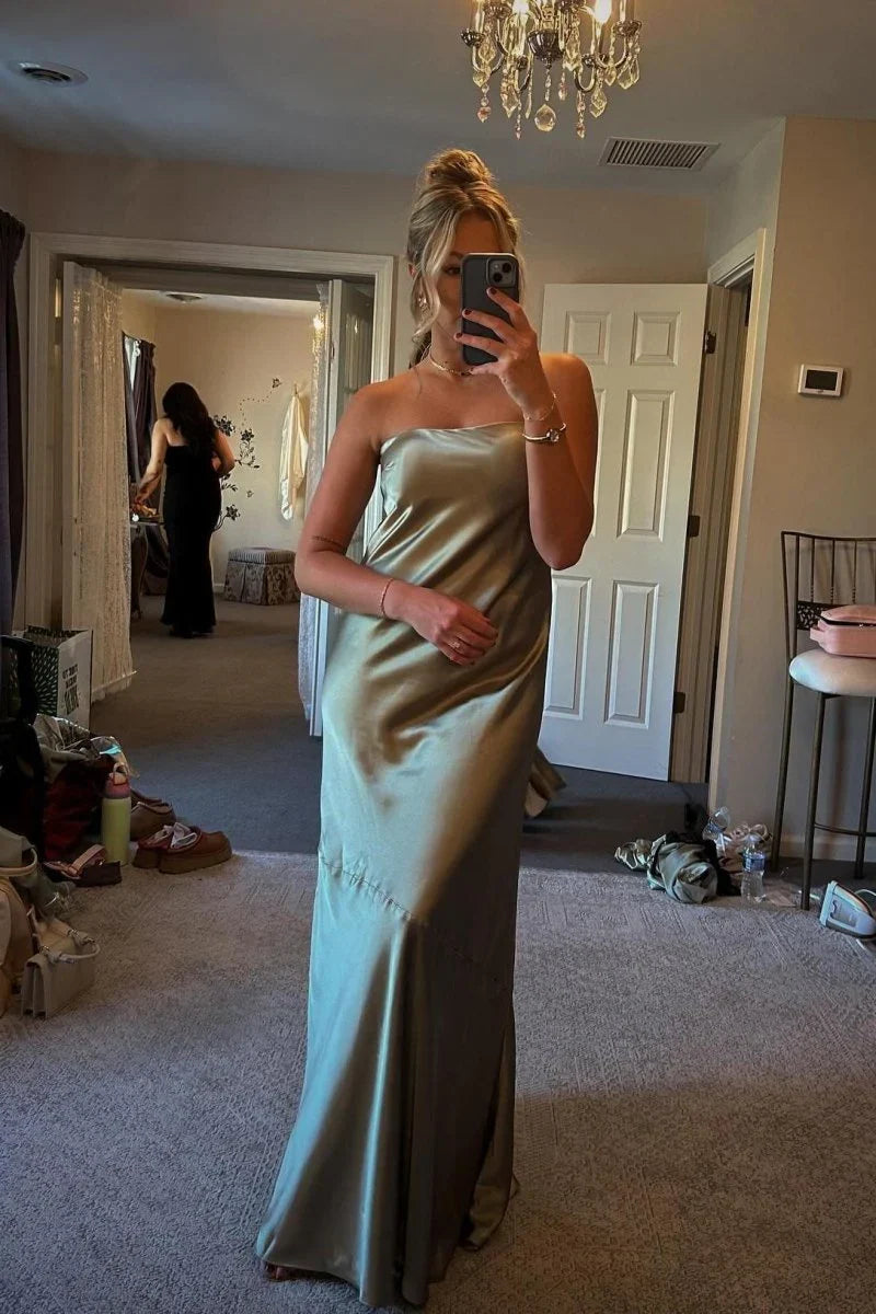 Strapless Olive Green Satin Sheath Long Party Dress