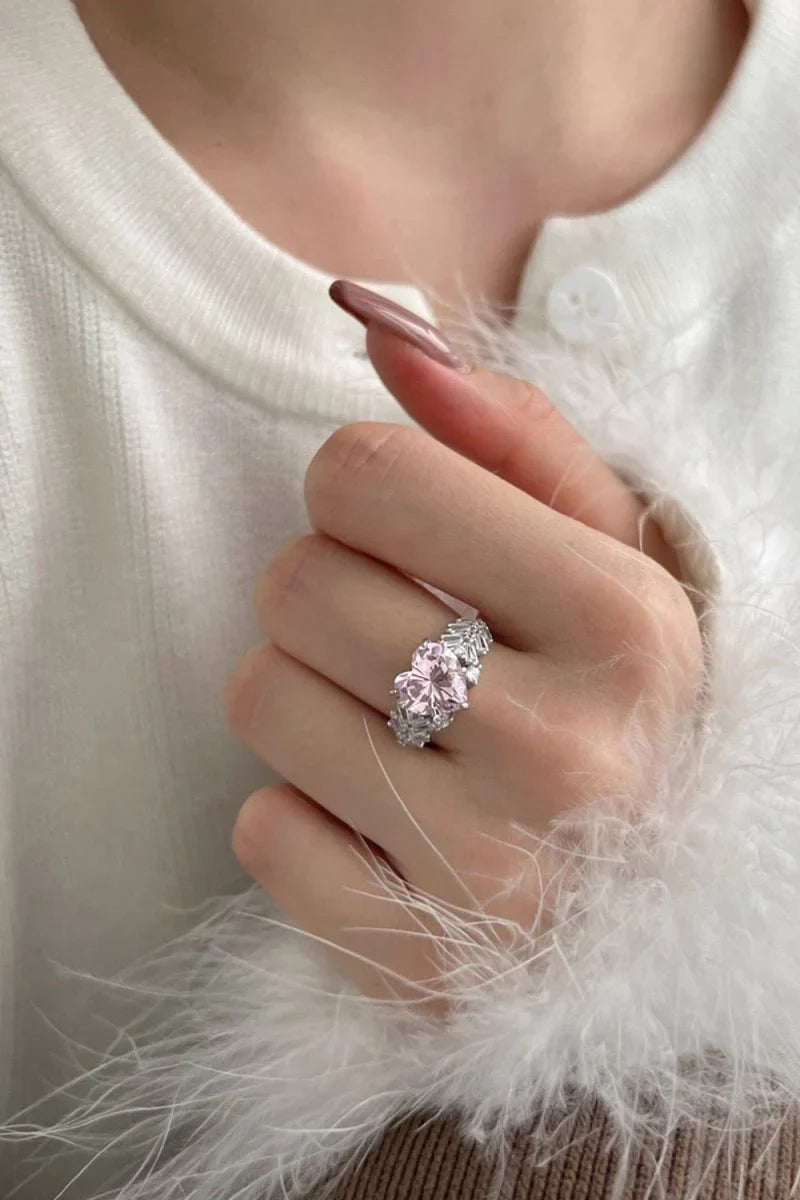 Sterling Silver Pink Heart Zircon Luxury Half Setting Ring