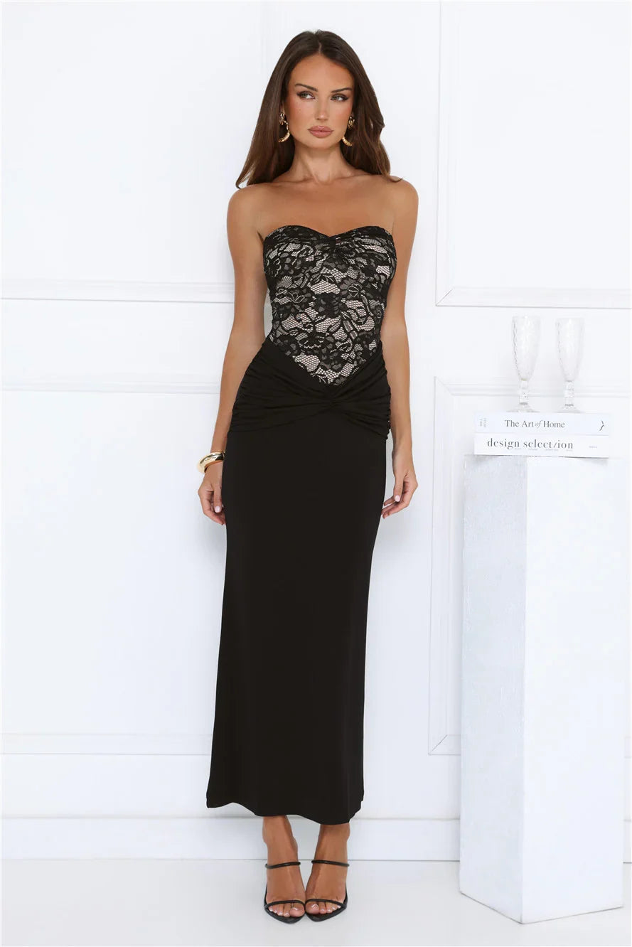 Signature Sleek Lace Strapless Maxi Dress Black
