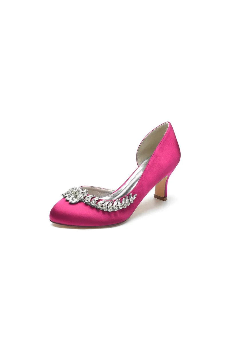 Round Toe Crystal Leaf Chunky Heels