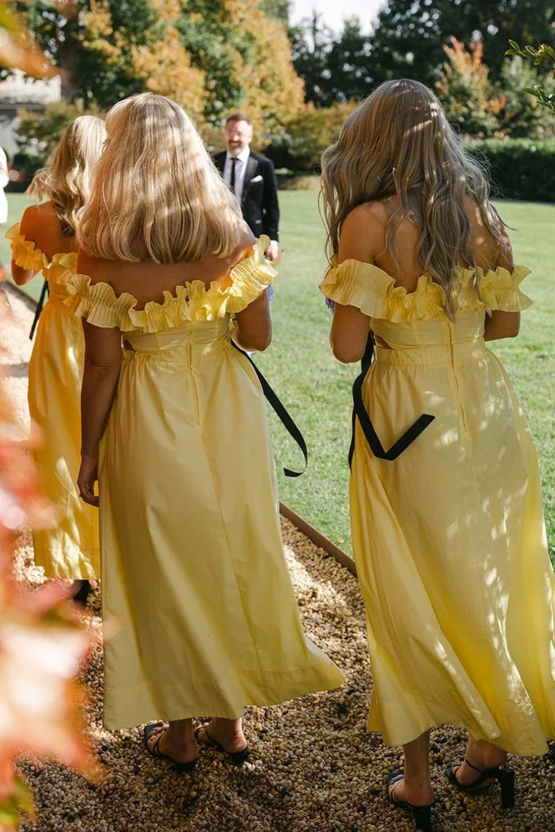Yellow Off the Shoulder Ruffle Cotton Ankle Length Bridesmaid Dresses