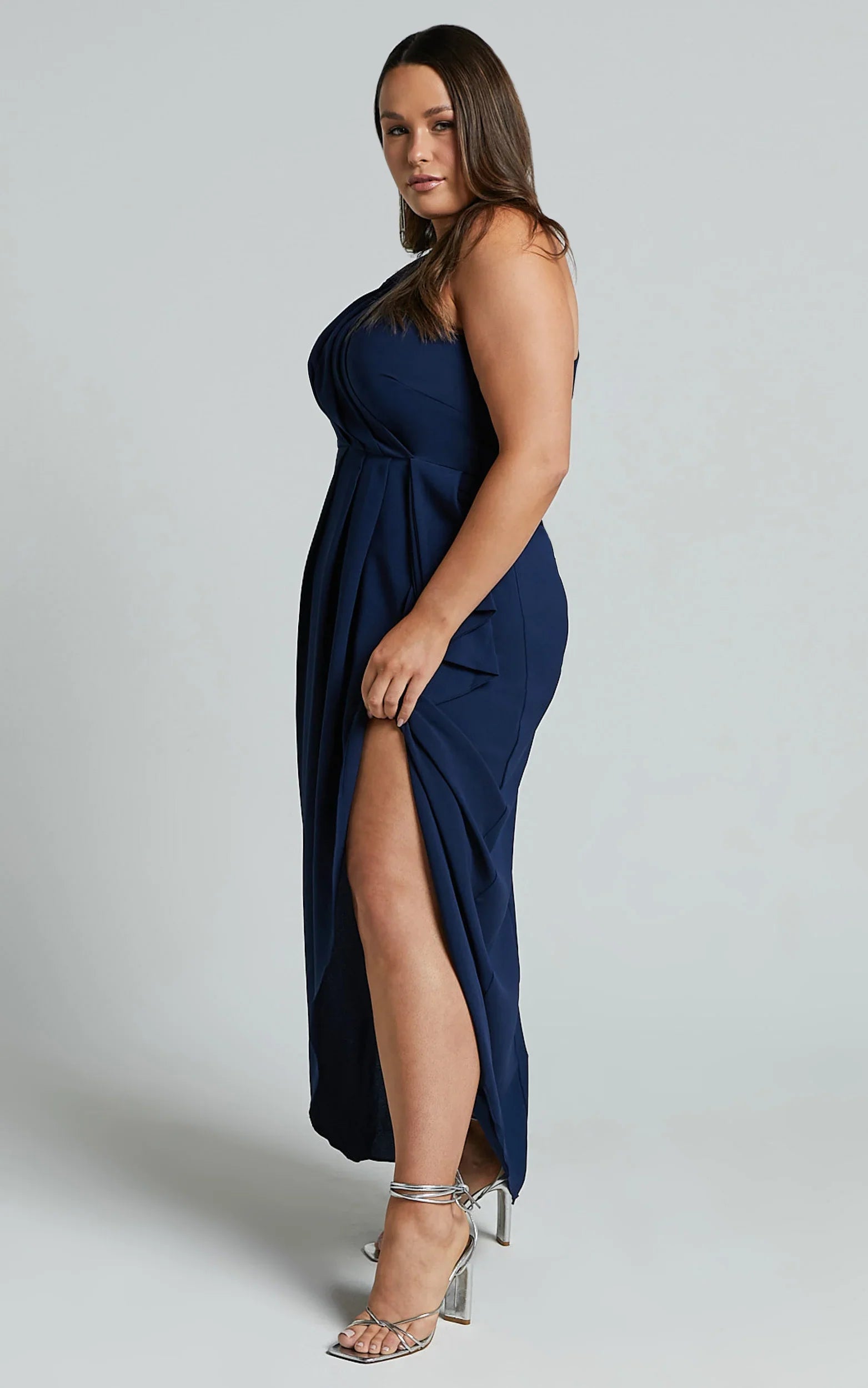 Namaari Midi Dress Faux Wrap One Shoulder Dress in Navy