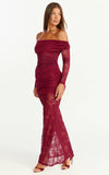Juliet Maxi Dress Off Shoulder Long Sleeve Ruched Overlay Lace Dress in Wine