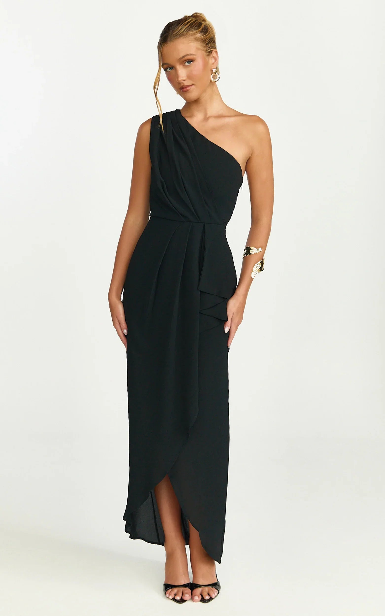 Namaari Midi Dress Faux Wrap One Shoulder Dress in Black
