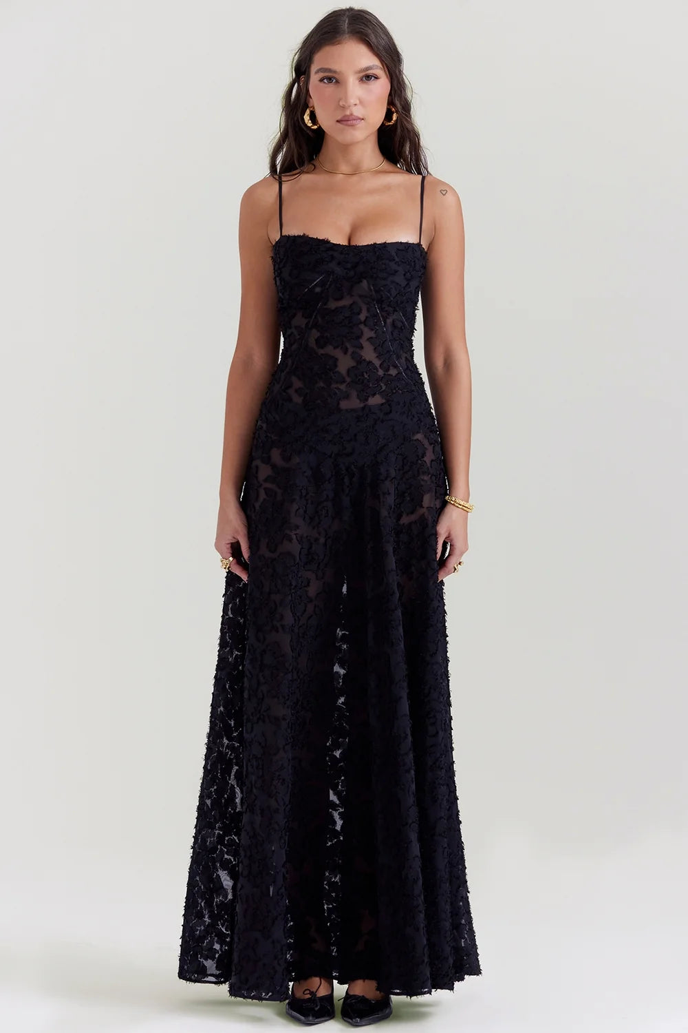 black floral lace back maxi dress