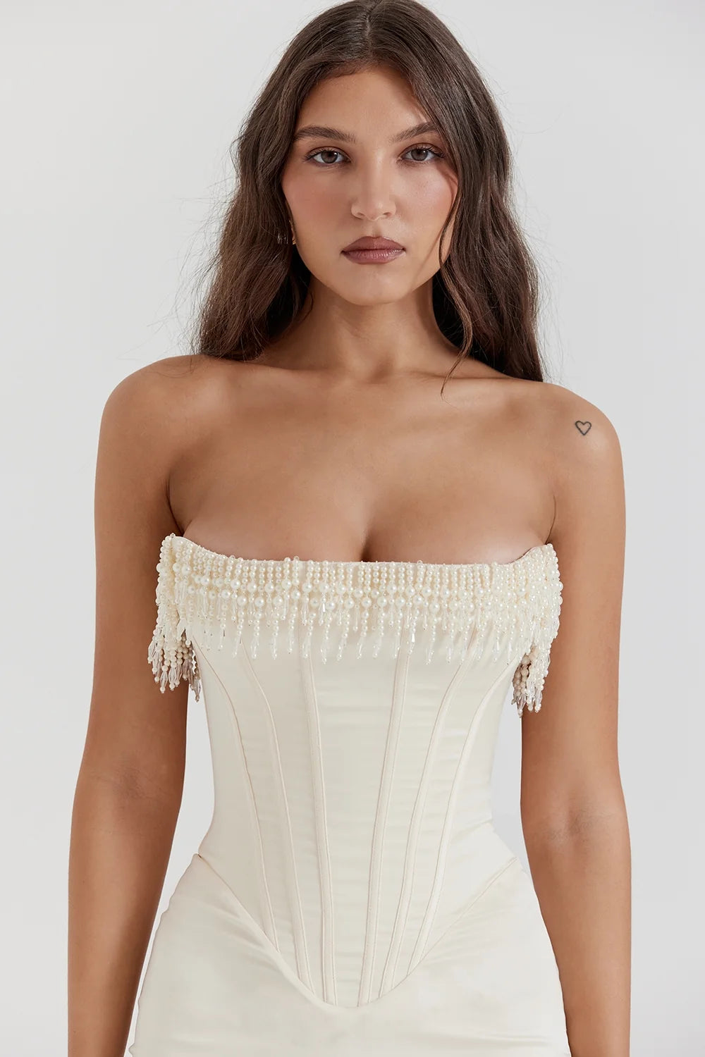 vintage cream embellished strapless dress