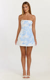 Emme Mini Dress Strapless Jacquard Placement Floral A Line Dress in Blue