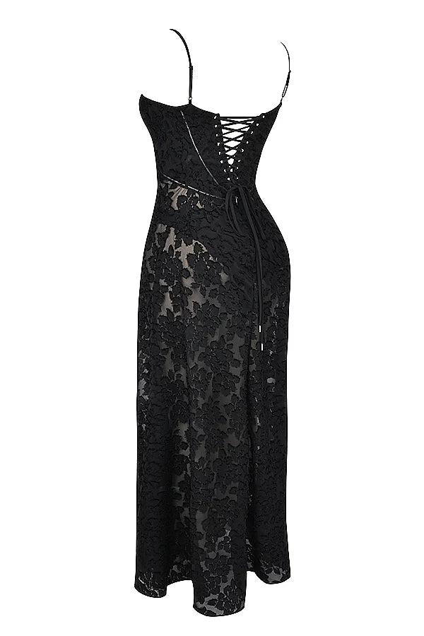 black floral lace back maxi dress