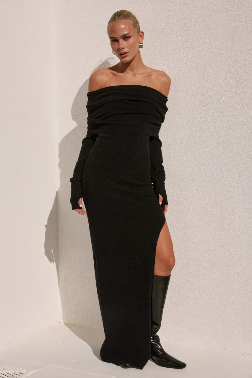 BARLY OFF SHOULDER KNIT MAXI DRESS BLACK