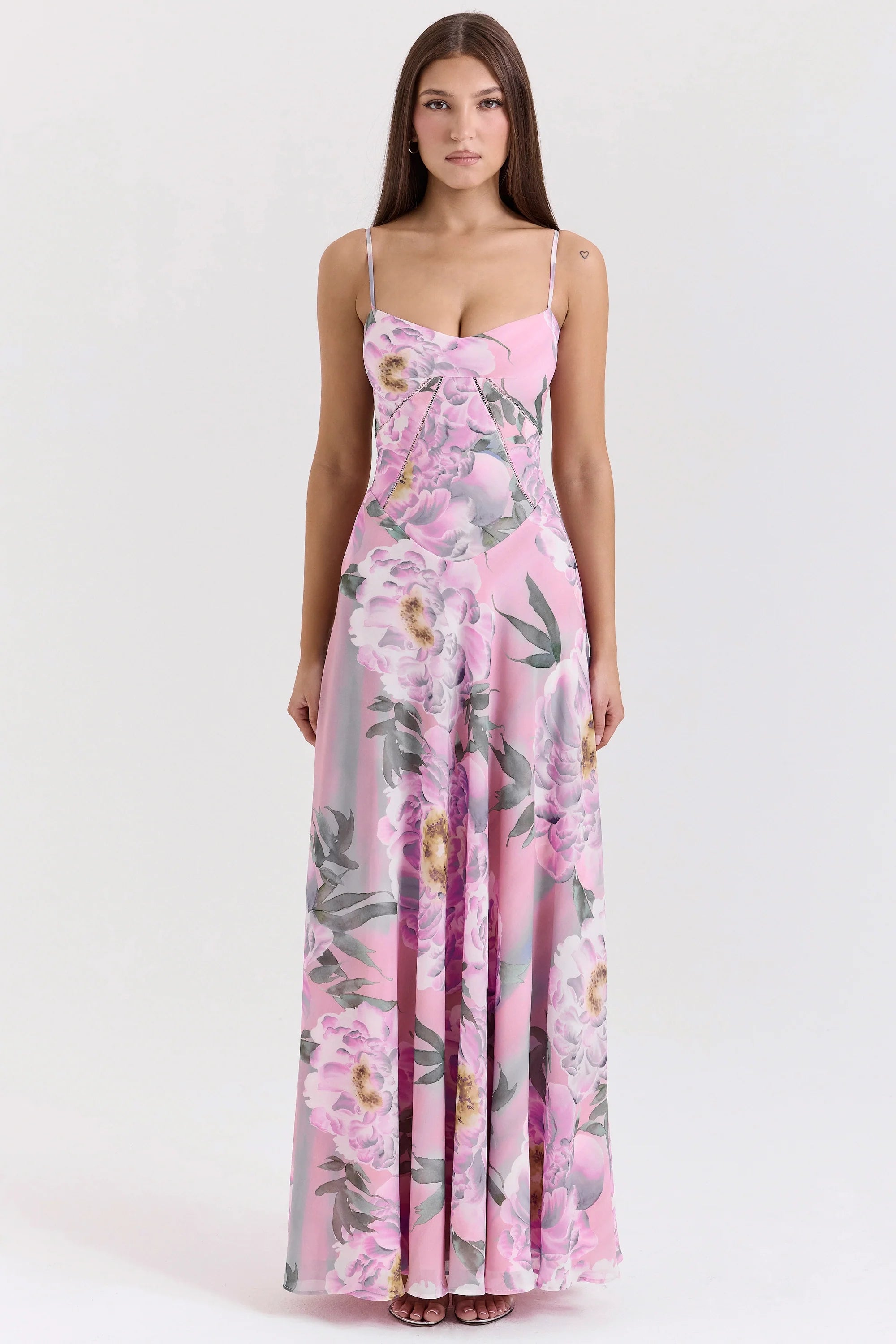 pink floral print lace back maxi dress