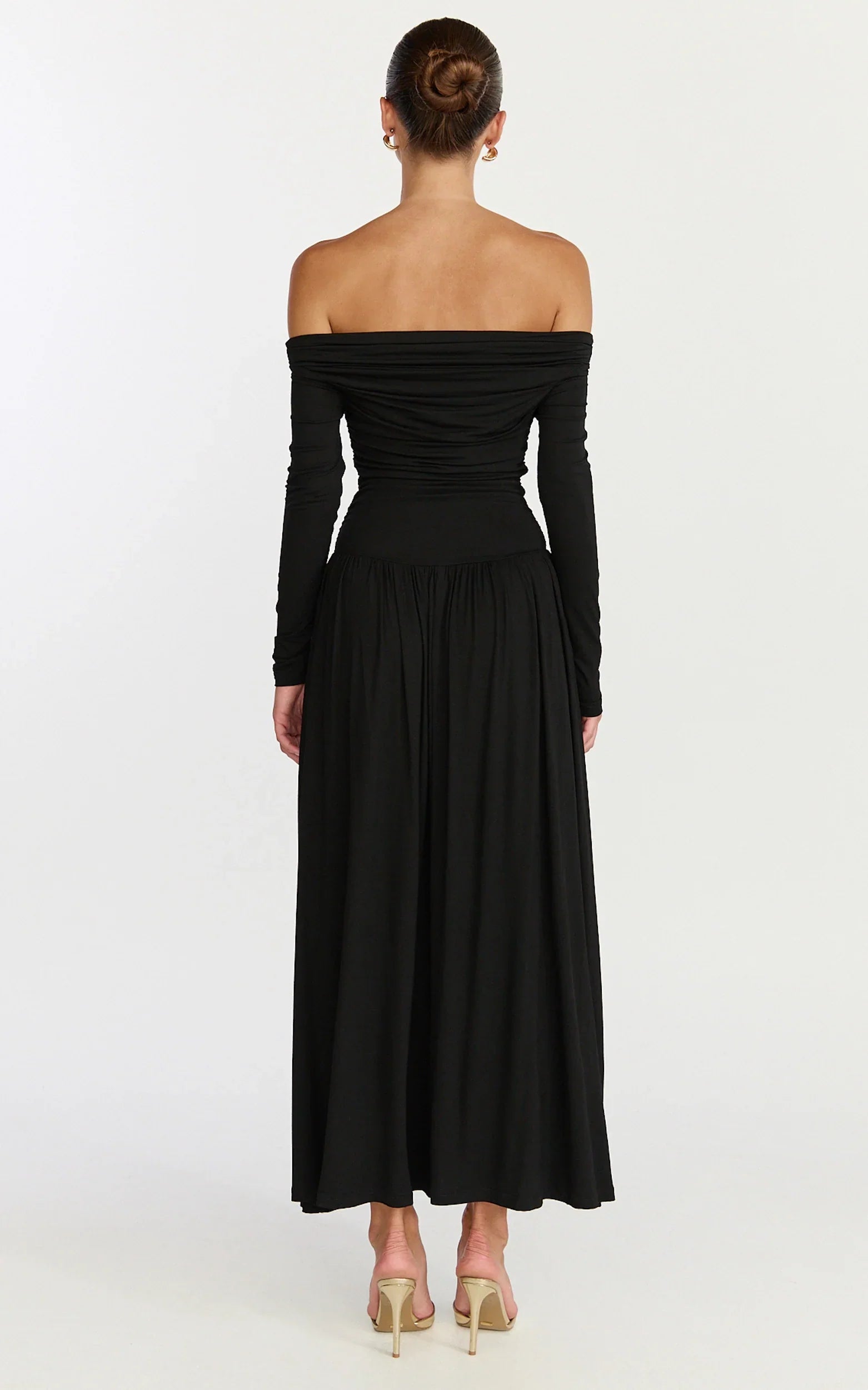 Antonia Midi Dress Off The Shoulder Long Sleeve Dress in Black