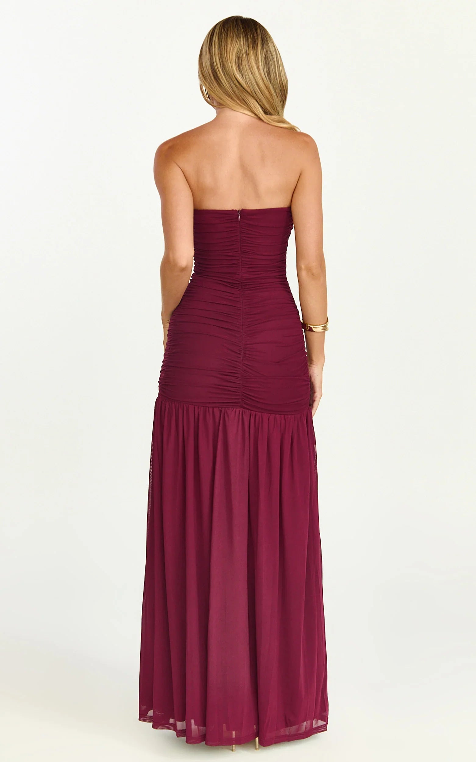 Lara Maxi Dress Strapless Ruched Mesh High Leg Split Dress in Wine