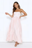 Glossed Over Strapless Satin Pleated Maxi Dress Pink