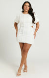 Laila Mini Linen Blend Dress High Neck Side Cut Out Puff Sleeve Straight Dress in Off White