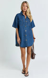 Richelle Mini Dress Short Sleeve Denim Shirt Dress in Mid Blue