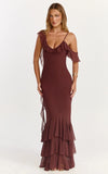 Riley Maxi Dress Asymmetric Ruffle Detail Maxi Dress in Chocolate