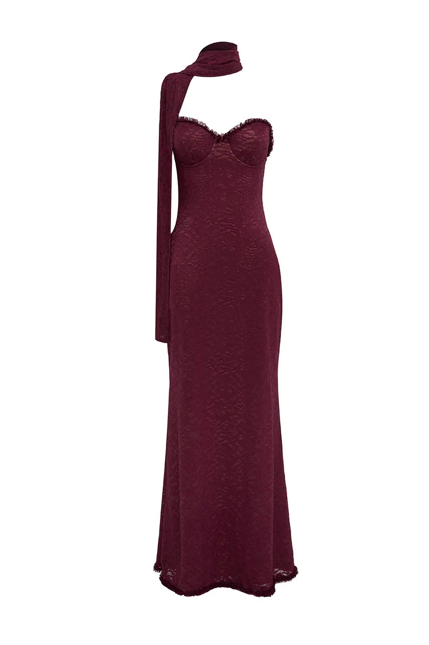 AMANA STRAPLESS SCARF MAXI DRESS WINE