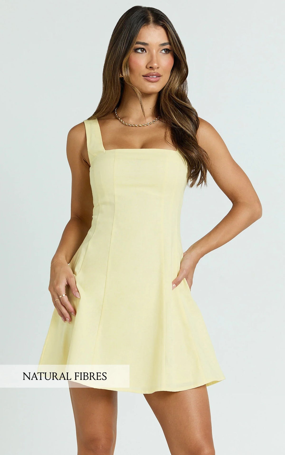 Adiana Mini Dress Linen Square Neck Shirred Back A Line Dress in Lemon