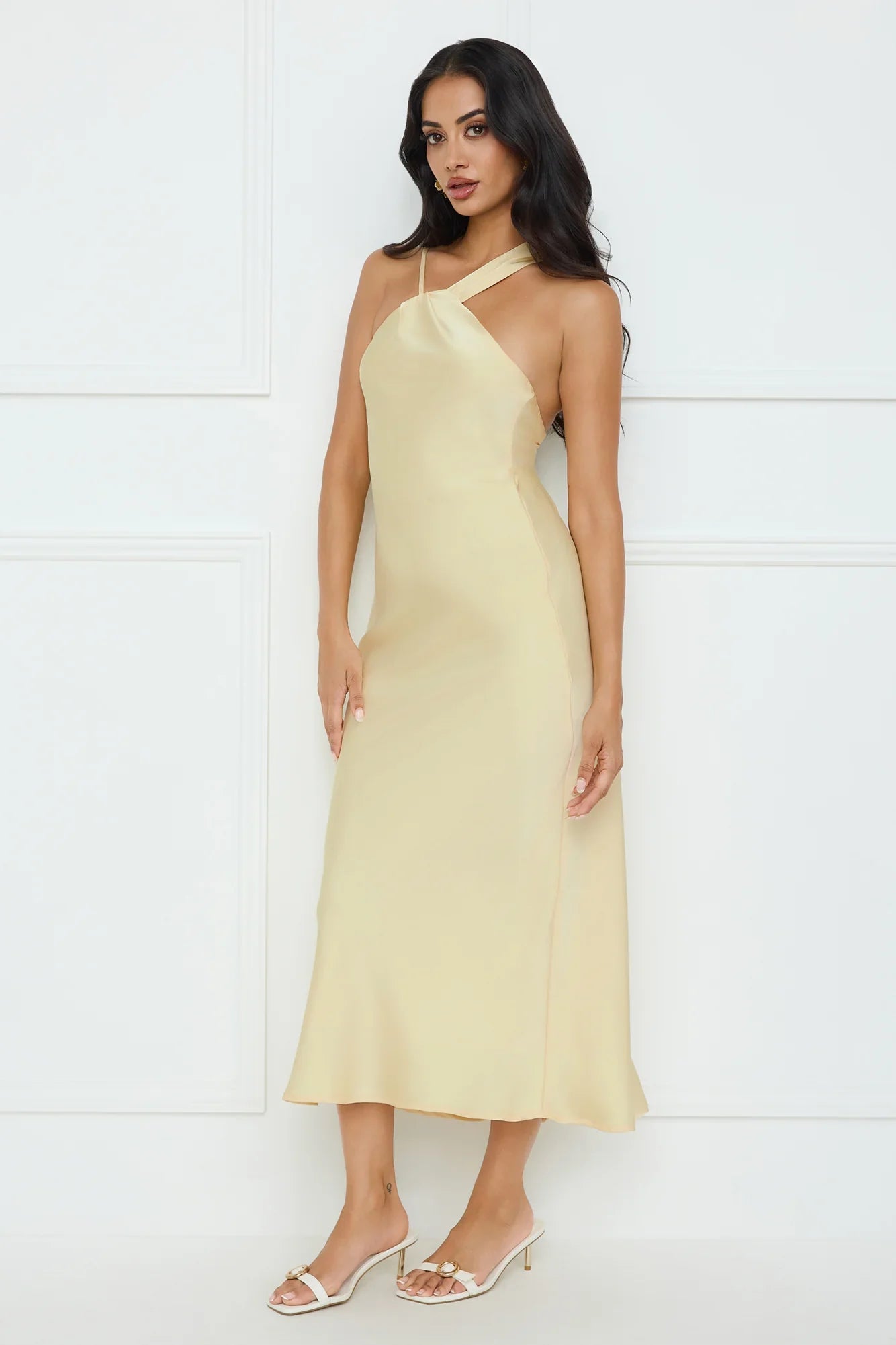 Whispering Palms Satin Midi Dress Yellow
