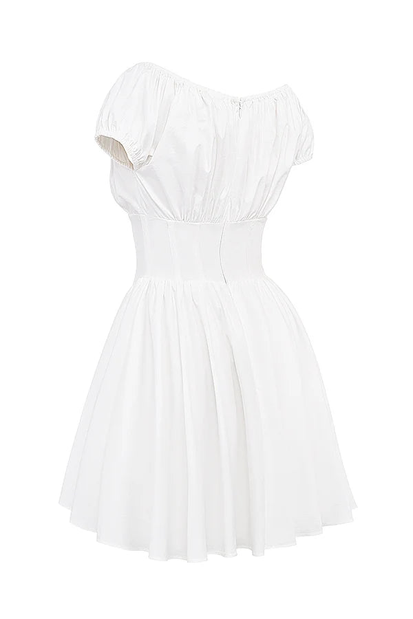 white cotton gathered mini dress