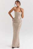 pale gold chiffon mesh strapless corset maxi dress