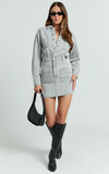 Kamala Mini Dress Long Sleeve Button Through Denim Dress in Grey