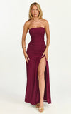Lara Maxi Dress Strapless Ruched Mesh High Leg Split Dress in Wine