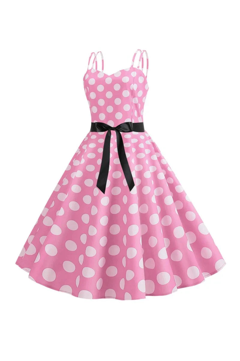 Pink Polka Dots Spaghetti Straps 1950s Dress With Bow