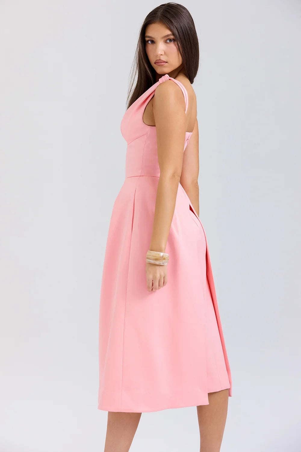 peach satin pleated midi dress sale