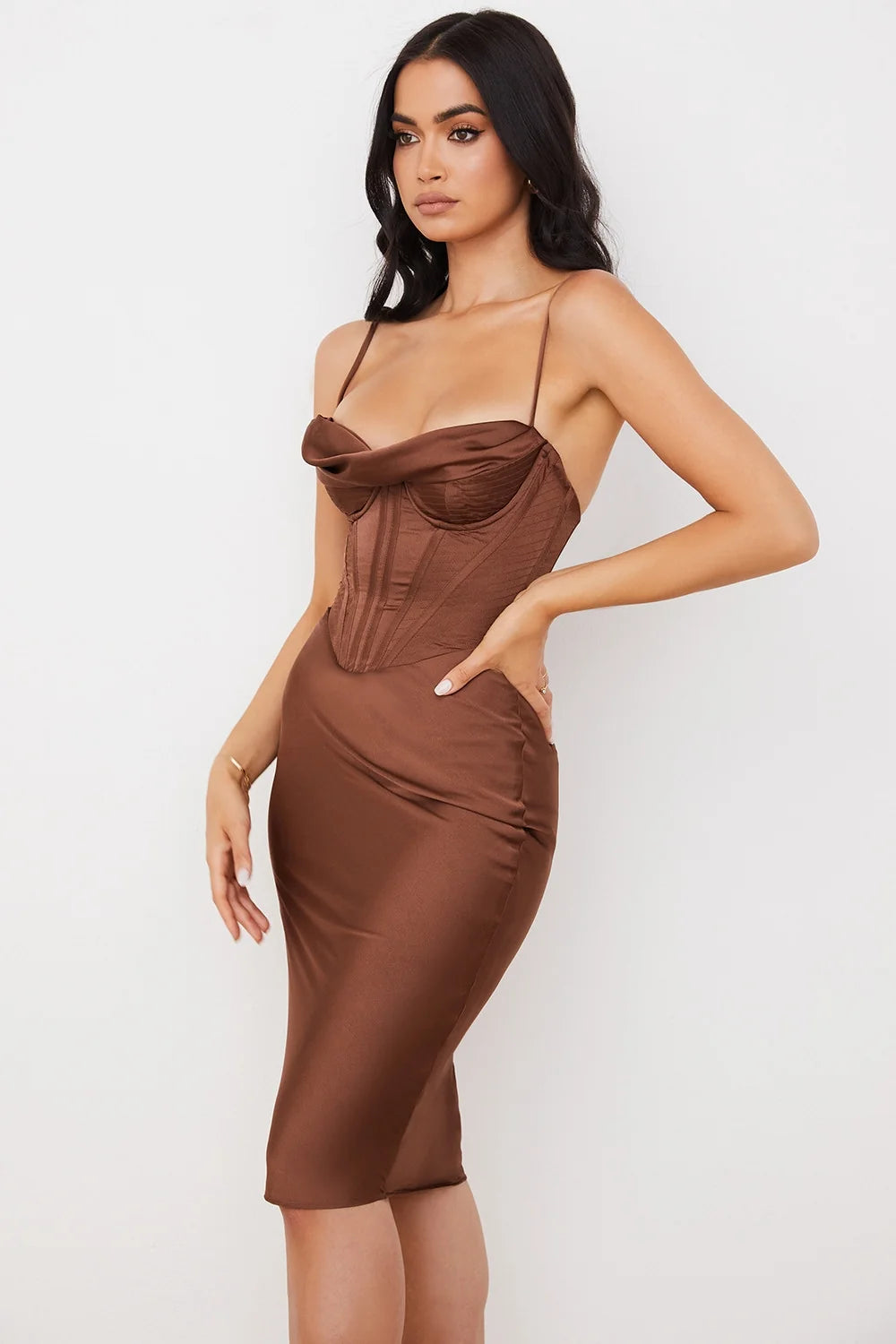 chocolate satin corset slip dress