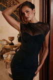 black draped mesh maxi dress