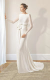 Simple Modest Chiffon Long Sleeve Wedding Dress With Decoratived Buttons and Bow