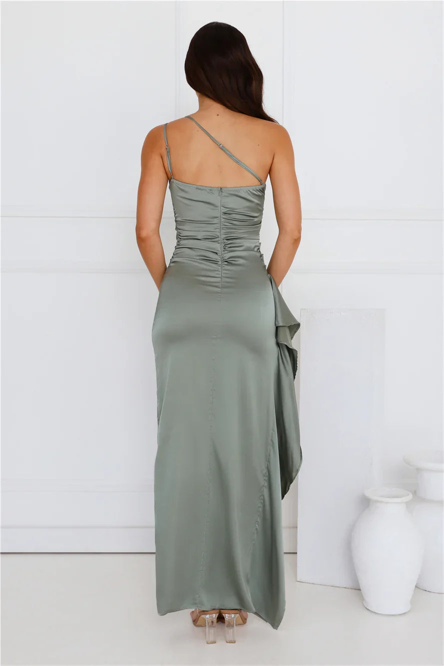 Extra Special One Shoulder Satin Maxi Dress Sage