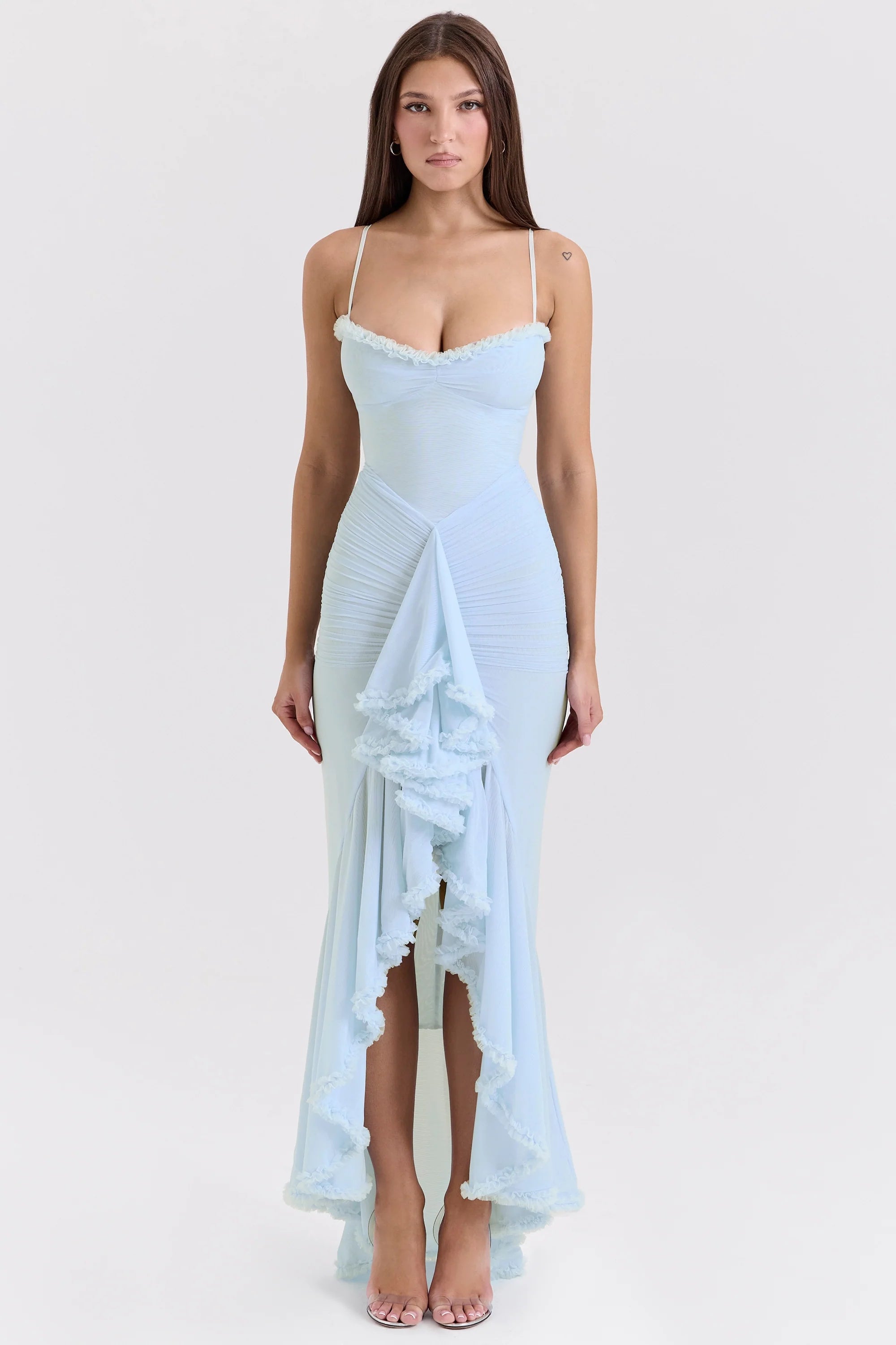 ice blue mesh ruffled front gown