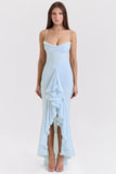 ice blue mesh ruffled front gown