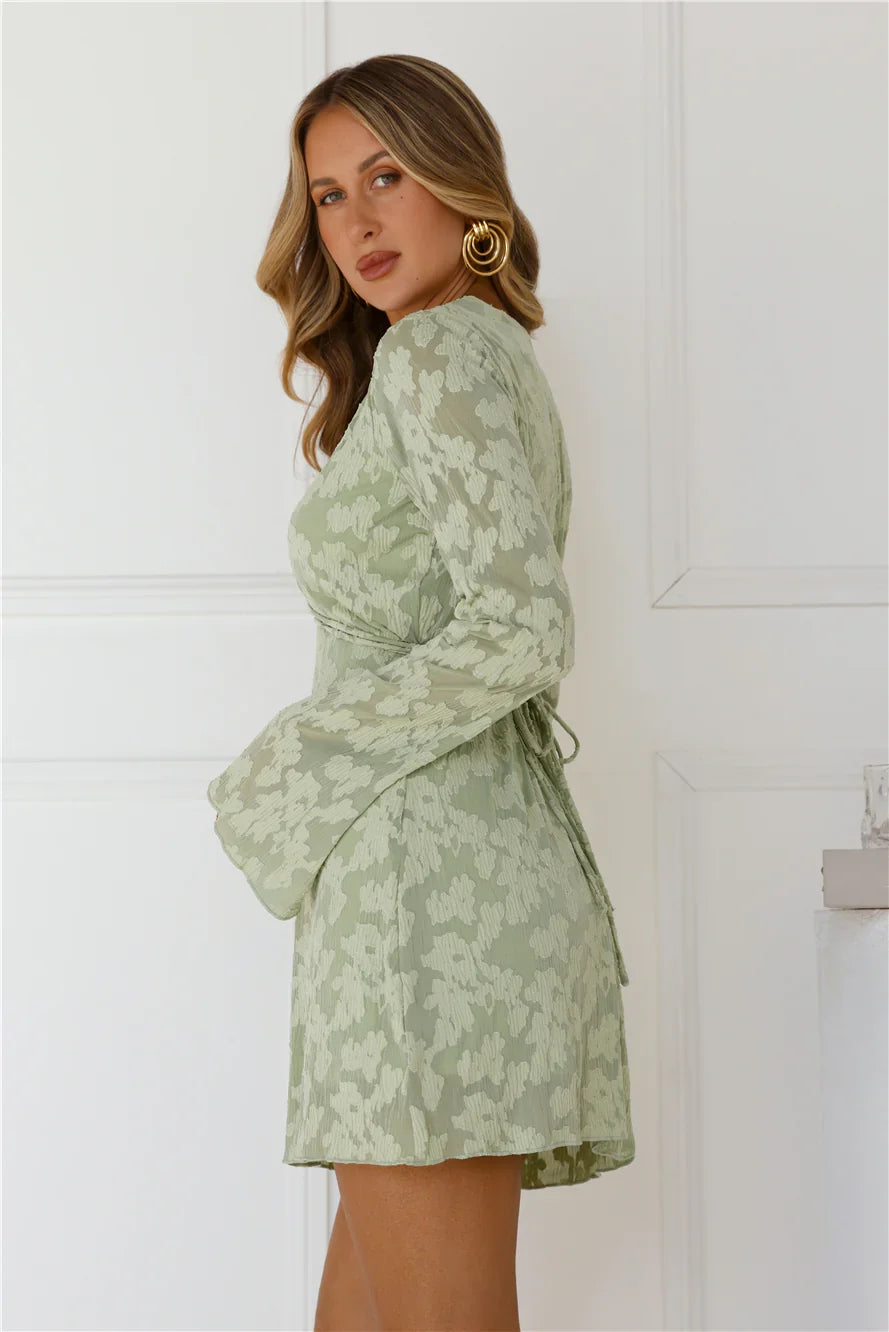 Sparkling Stories Long Sleeve Mini Dress Sage